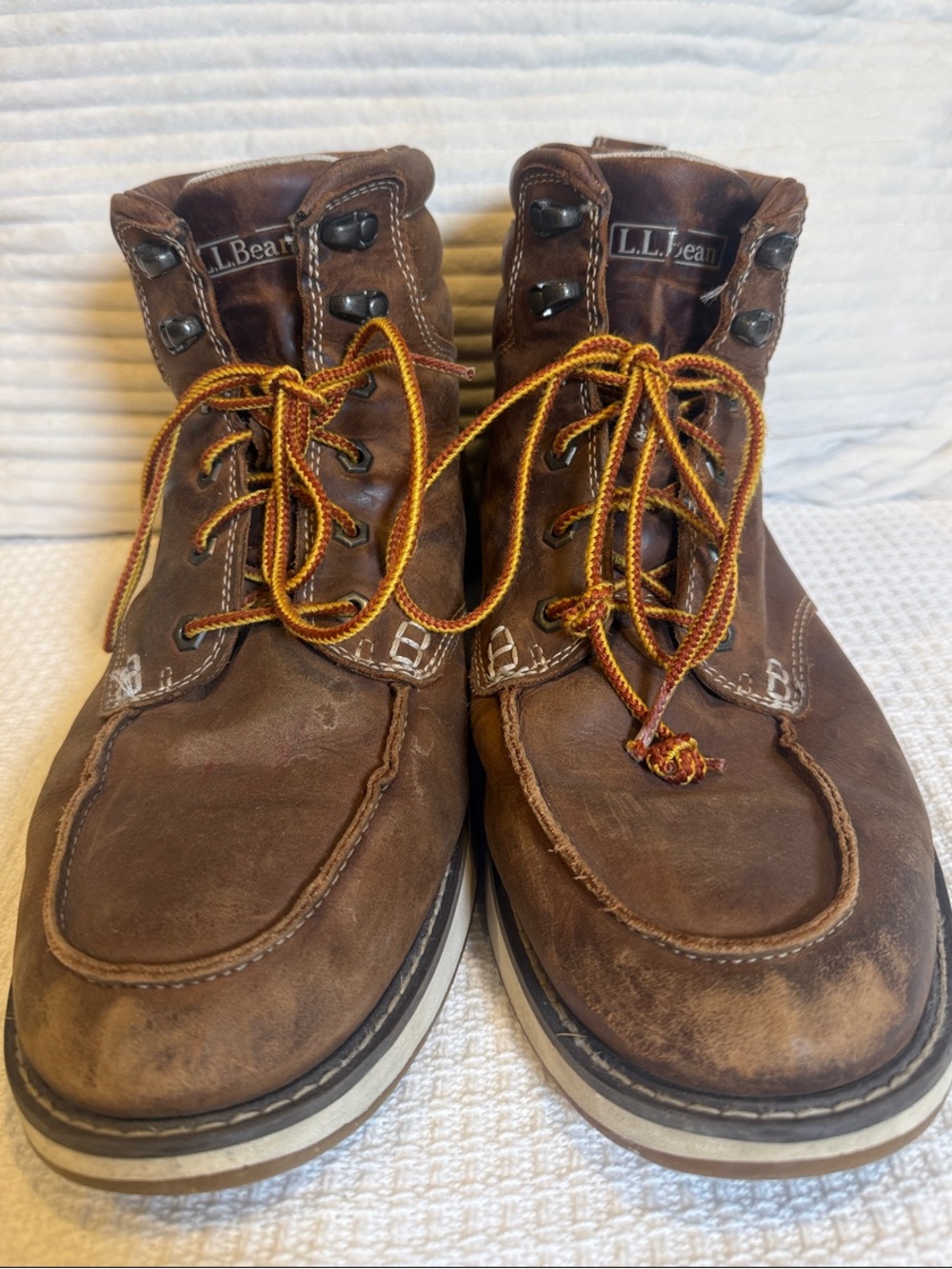 L.L. Bean Brown Leather Moc-Toe Boots with Yellow and Orange Laces